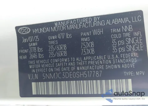 2025 Hyundai Tucson Sel Convenience z USA, uszkodzony, nr VIN 5NMJC3DE0SH517787